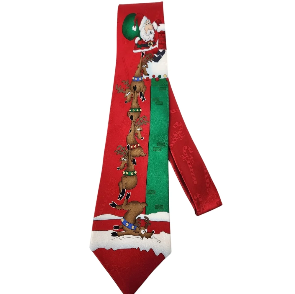 Hallmark Yule Tie Greetings Santa Claus Reindeer Tie Men's 100% Silk Christmas